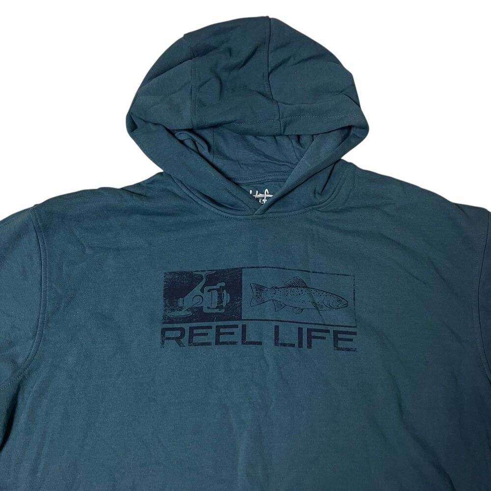 Reel Life‎ Hoodie Mens M Blue Fishing Reel Pullover Bass Coastal Outdoor USA
